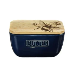 Selbrae Butter Dishes-Bee Oak & Ceramic Blue Butter Dish