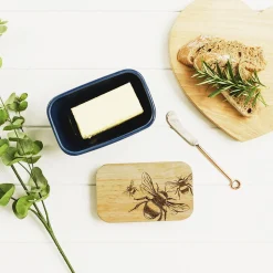 Selbrae Butter Dishes-Bee Oak & Ceramic Blue Butter Dish