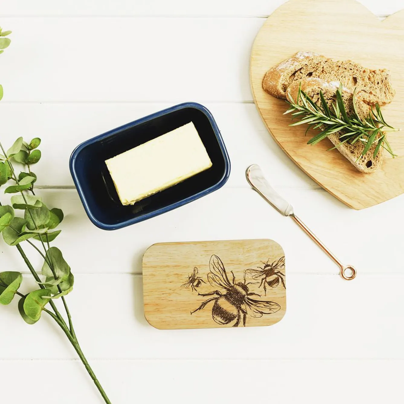 Selbrae Butter Dishes-Bee Oak & Ceramic Blue Butter Dish