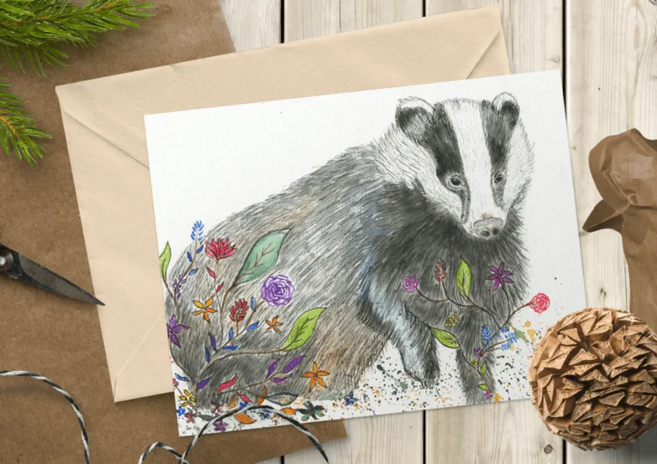 Jen Winnett Greeting Cards-Brockwell the Badger Blank Greetings Eco Card