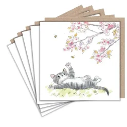 Paper Shed Design Greeting Cards-Cat and Cherry Blossoms Set of 5 Notecards