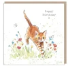 Paper Shed Design Greeting Cards-Cat Jumping through Flowers "Happy Birthday" Greetings Card