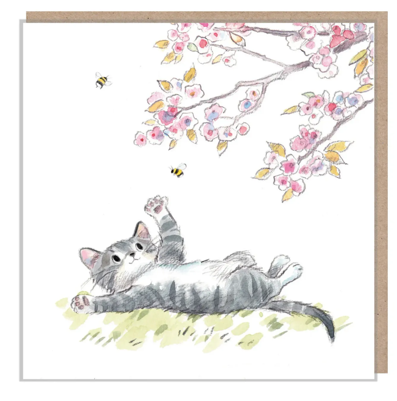 Paper Shed Design Greeting Cards-Cat Under Blossom Tree Greetings Card