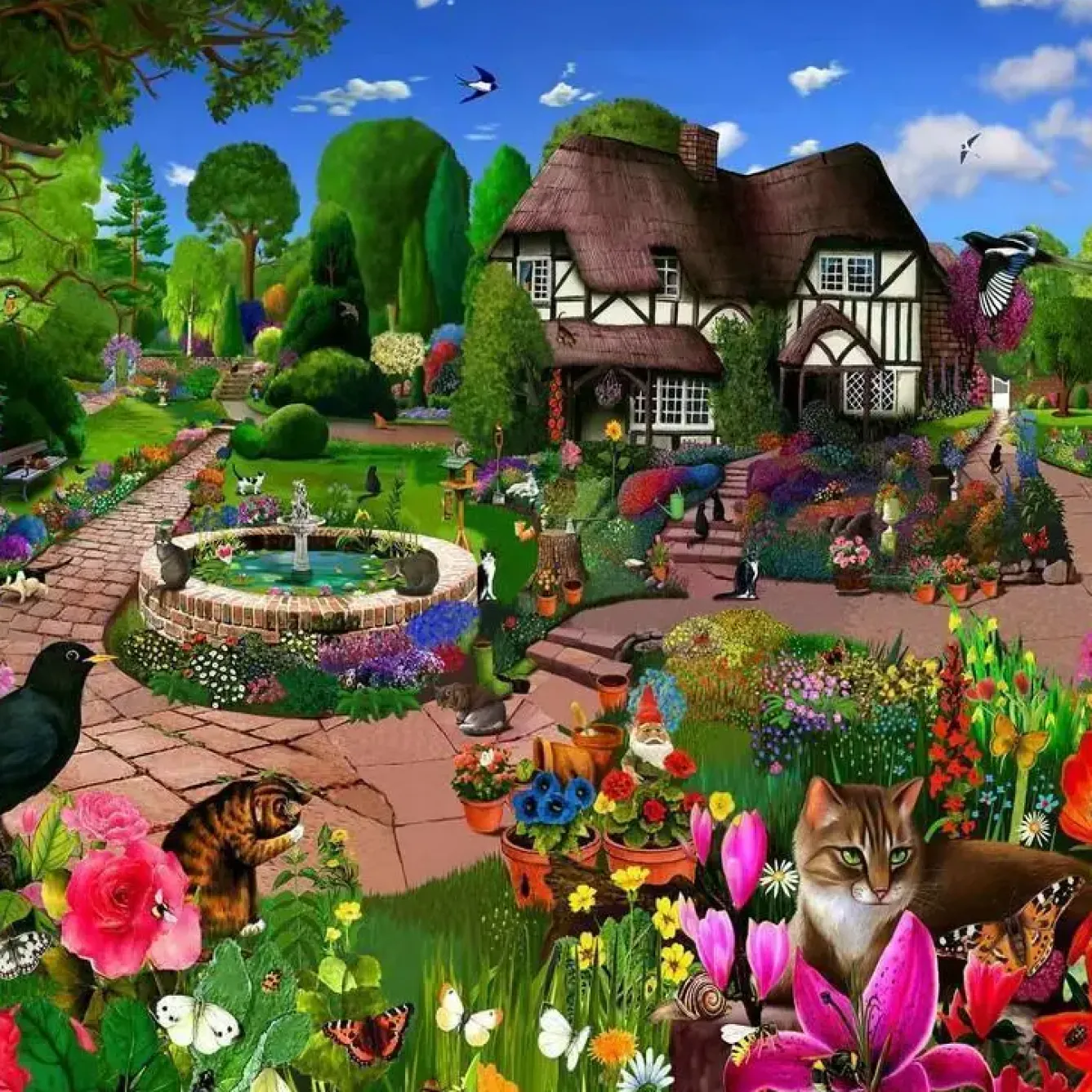 All Jigsaw Puzzles Puzzles|Children-Cats in a Cottage Garden 500 Piece Jigsaw Puzzle