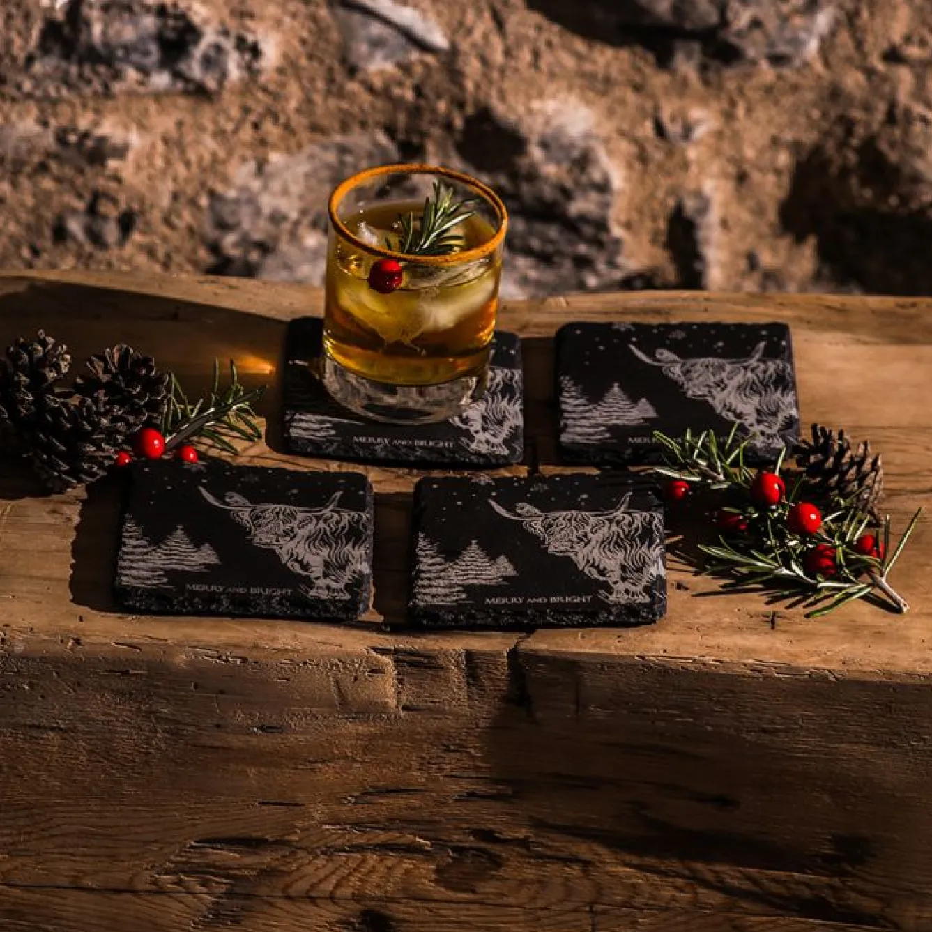 Selbrae Coasters-Christmas Highland Cow Slate Coasters- Set of 4