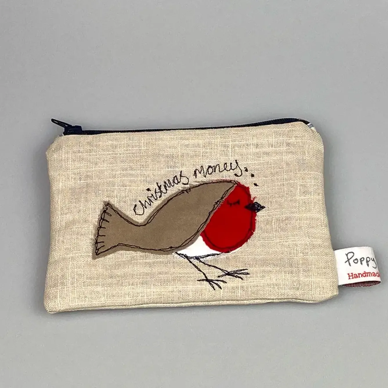 Poppy Treffry Storage|Bags-Christmas Robin Embroidered Flat Coin Purse