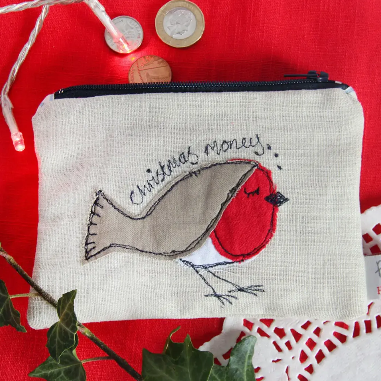 Poppy Treffry Storage|Bags-Christmas Robin Embroidered Flat Coin Purse