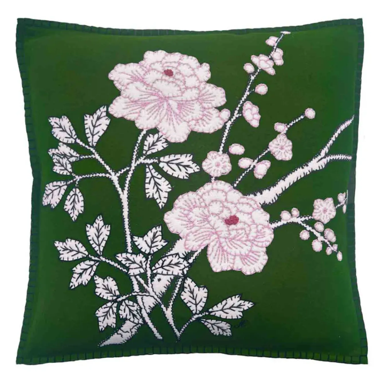 Jan Constantine Pillows & Throws-Deep Green Peony Wool Pillow