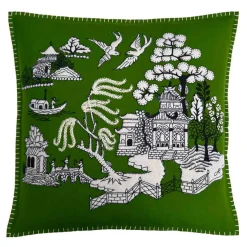 Jan Constantine Pillows & Throws-Deep Green Willow Pattern Wool Pillow