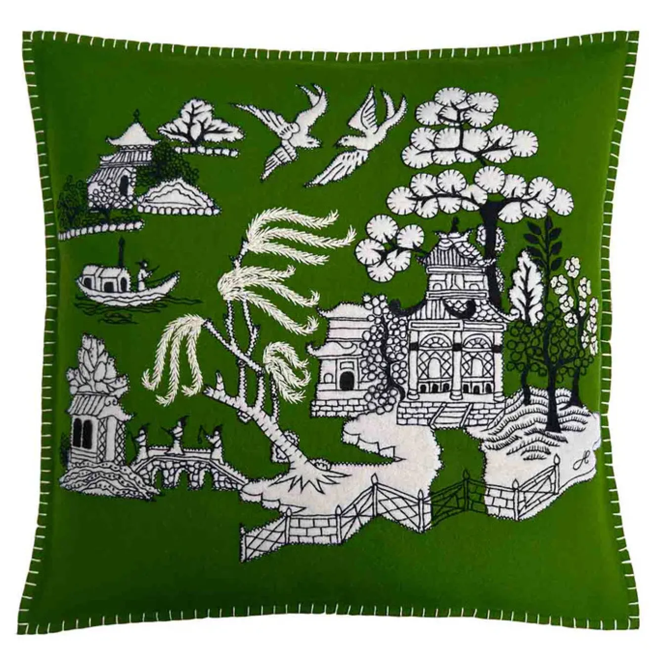 Jan Constantine Pillows & Throws-Deep Green Willow Pattern Wool Pillow