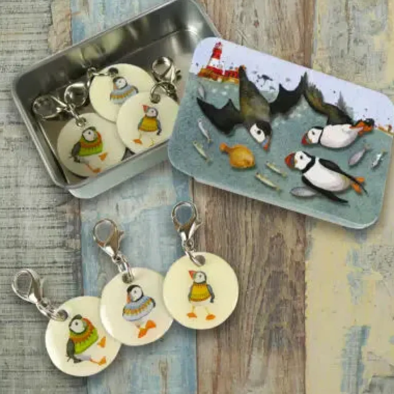 Emma Ball Stationery|Crafts-Diving Puffins Set of 6 Stitch Crochet Markers in a Pocket Tin