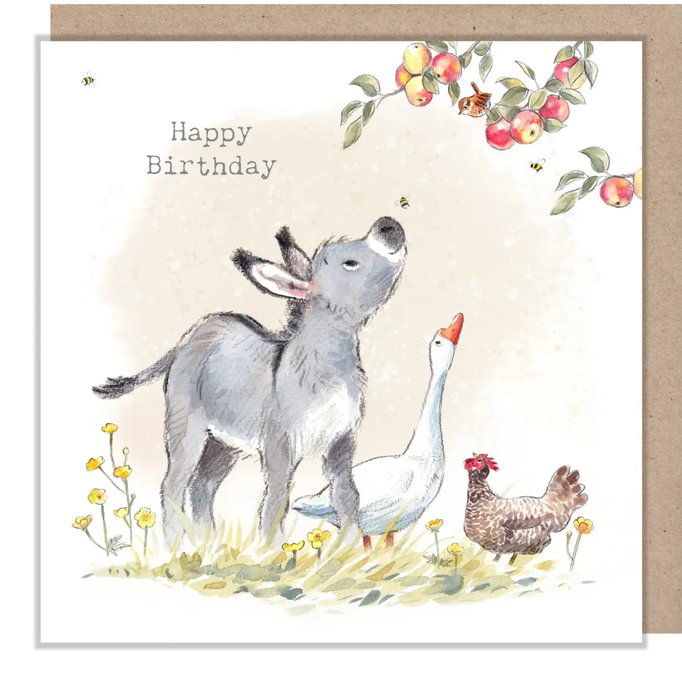 Paper Shed Design Greeting Cards-Donkey With Apples "Happy Birthday" Greetings Card