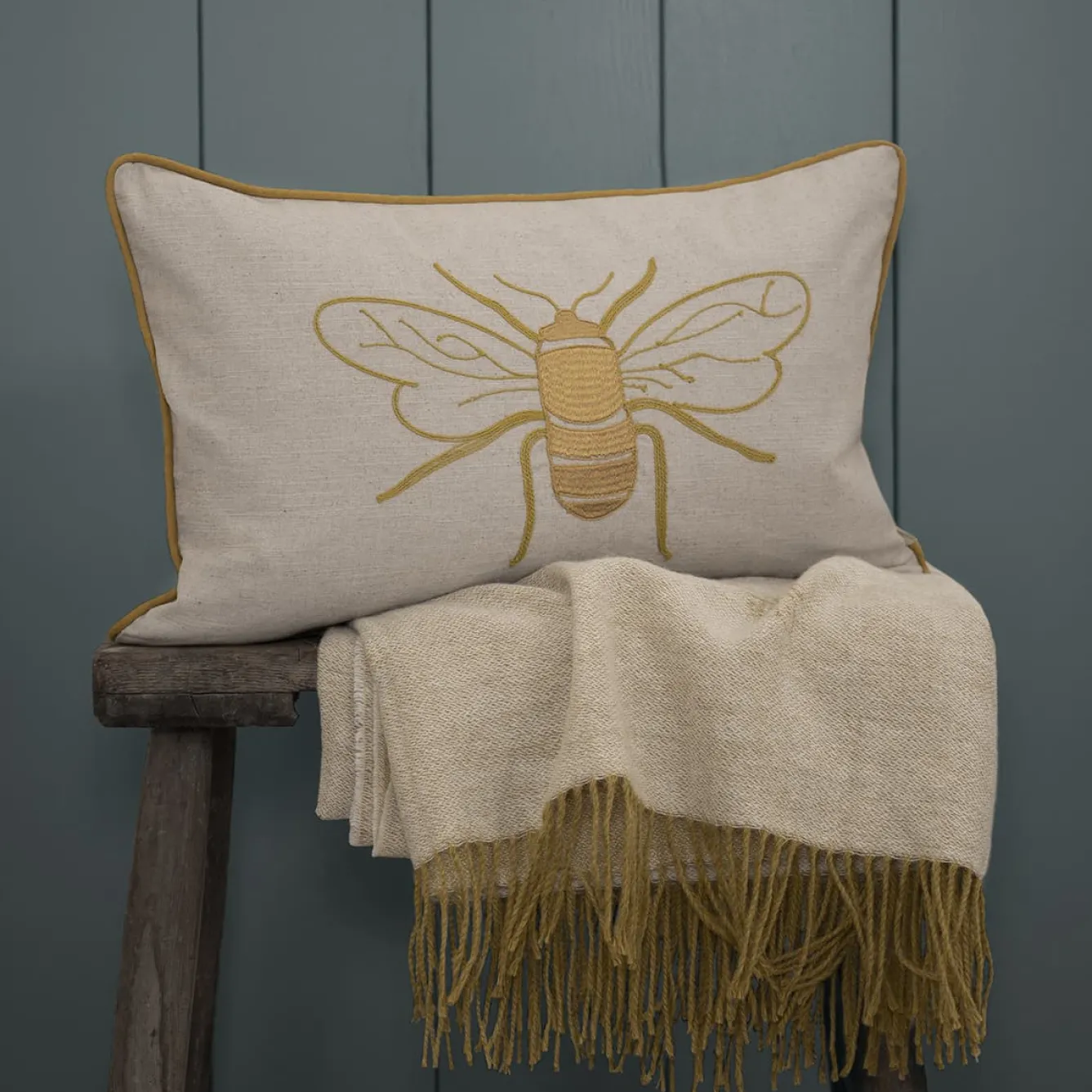 Sophie Allport Pillows & Throws-Embroidered Bees Linen Blend Pillow