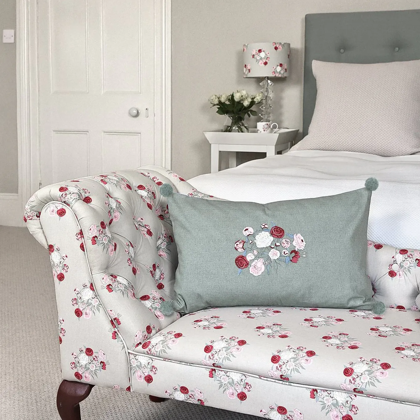 Sophie Allport Pillows & Throws-Embroidered Peony Cotton Pillow