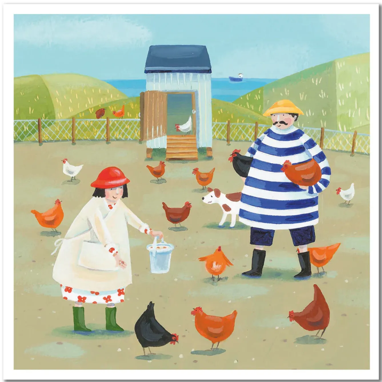 Emma Ball Greeting Cards-Feeding the Hens Greetings Card