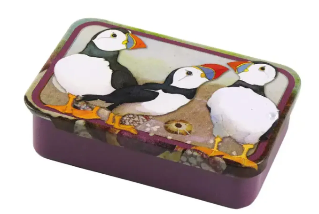 Emma Ball Storage-Felted Puffins Mini Slider Tin