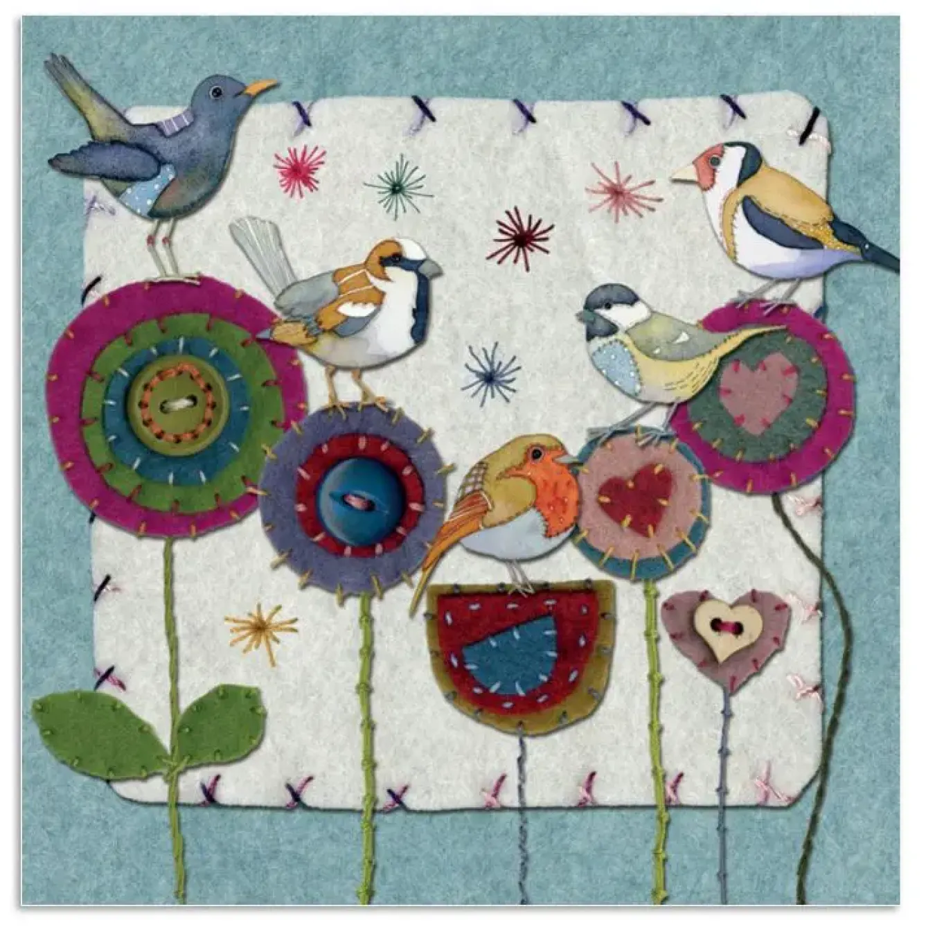 Emma Ball Greeting Cards-Five Stitched Birdies Greetings Card
