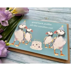 Jen Winnett Greeting Cards-Good Luck Puffin All the Candles Out Eco-card