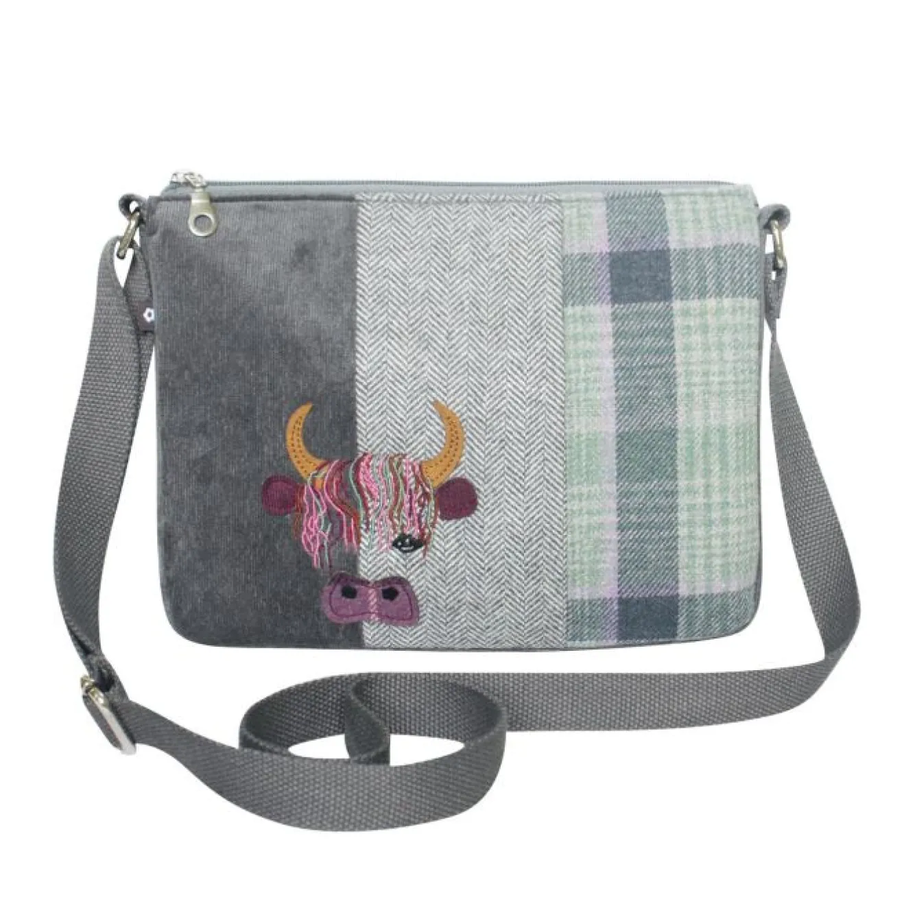 Earth Squared Bags Bags-Green Tweed Cow Applique Messenger Bag
