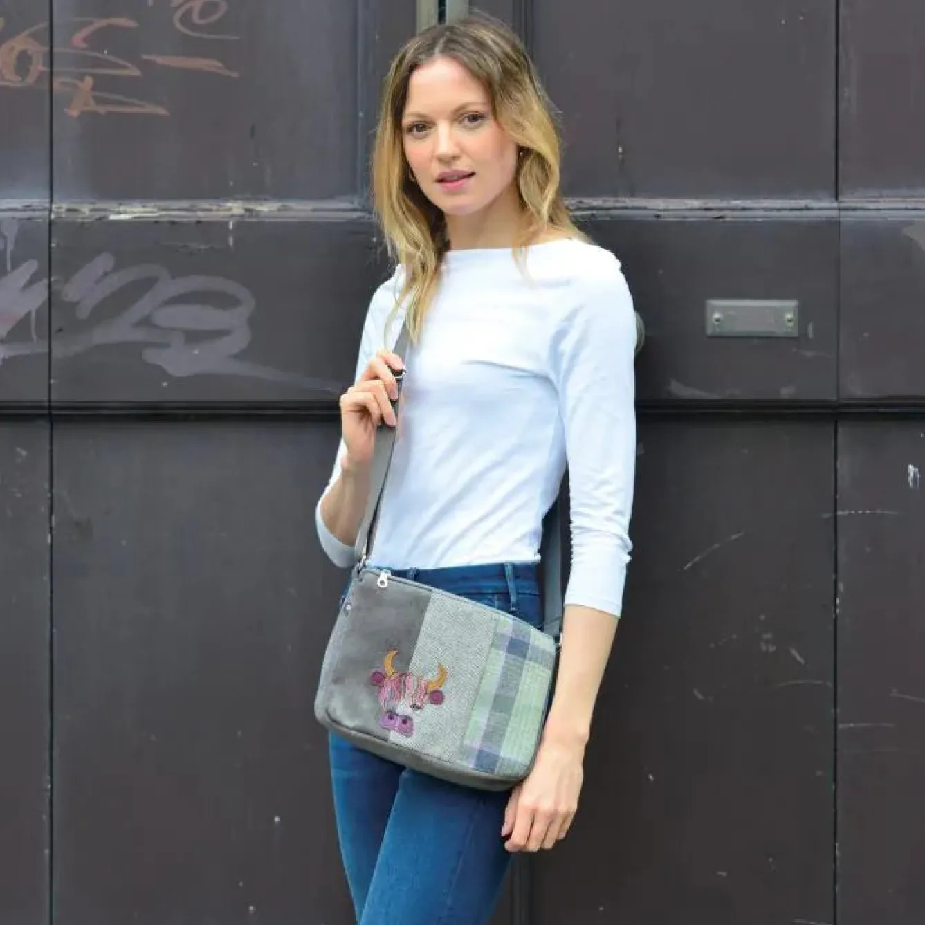 Earth Squared Bags Bags-Green Tweed Cow Applique Messenger Bag