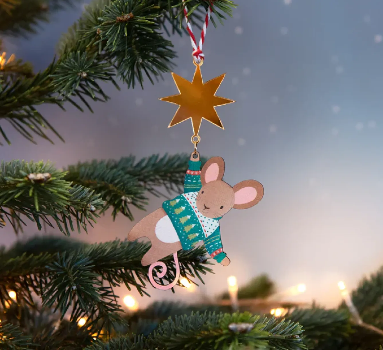 Dapple & Dot Christmas-Hanging Mouse and Star Wooden Christmas Decorations