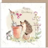 Paper Shed Design Greeting Cards-Hedgehog and Bird with Sweet Peas "Happy Birthday" Birthday Greetings Card