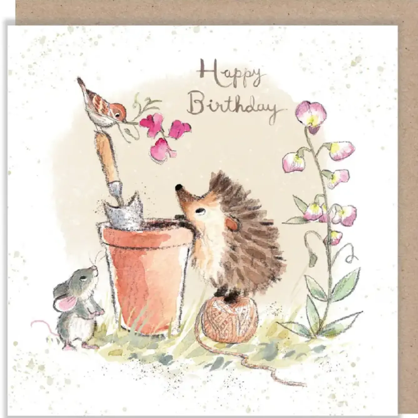 Paper Shed Design Greeting Cards-Hedgehog and Bird with Sweet Peas "Happy Birthday" Birthday Greetings Card