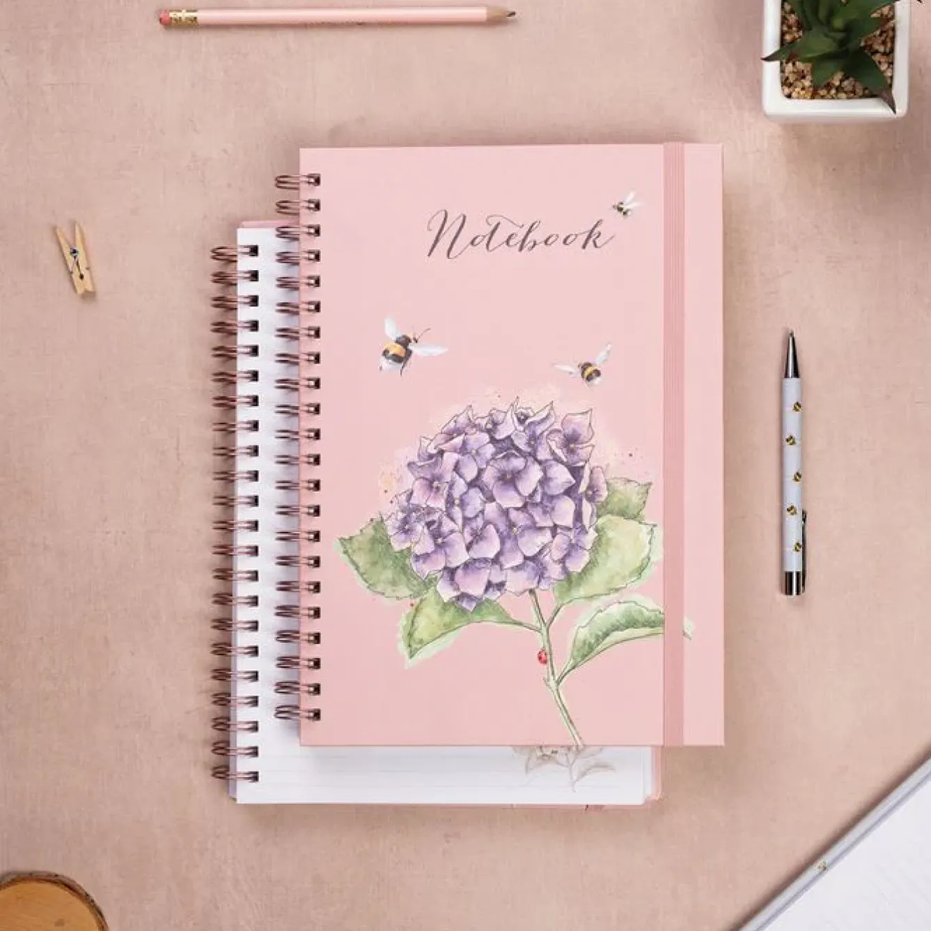 Wrendale Designs Stationery-'Hydrangea Bee' Large Spiral Bound Journal