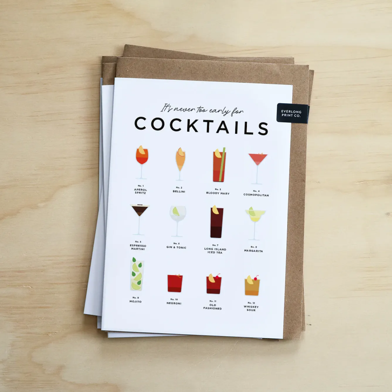 Everlong Print Co. Greeting Cards-It's Never Too Early for Cocktails Card
