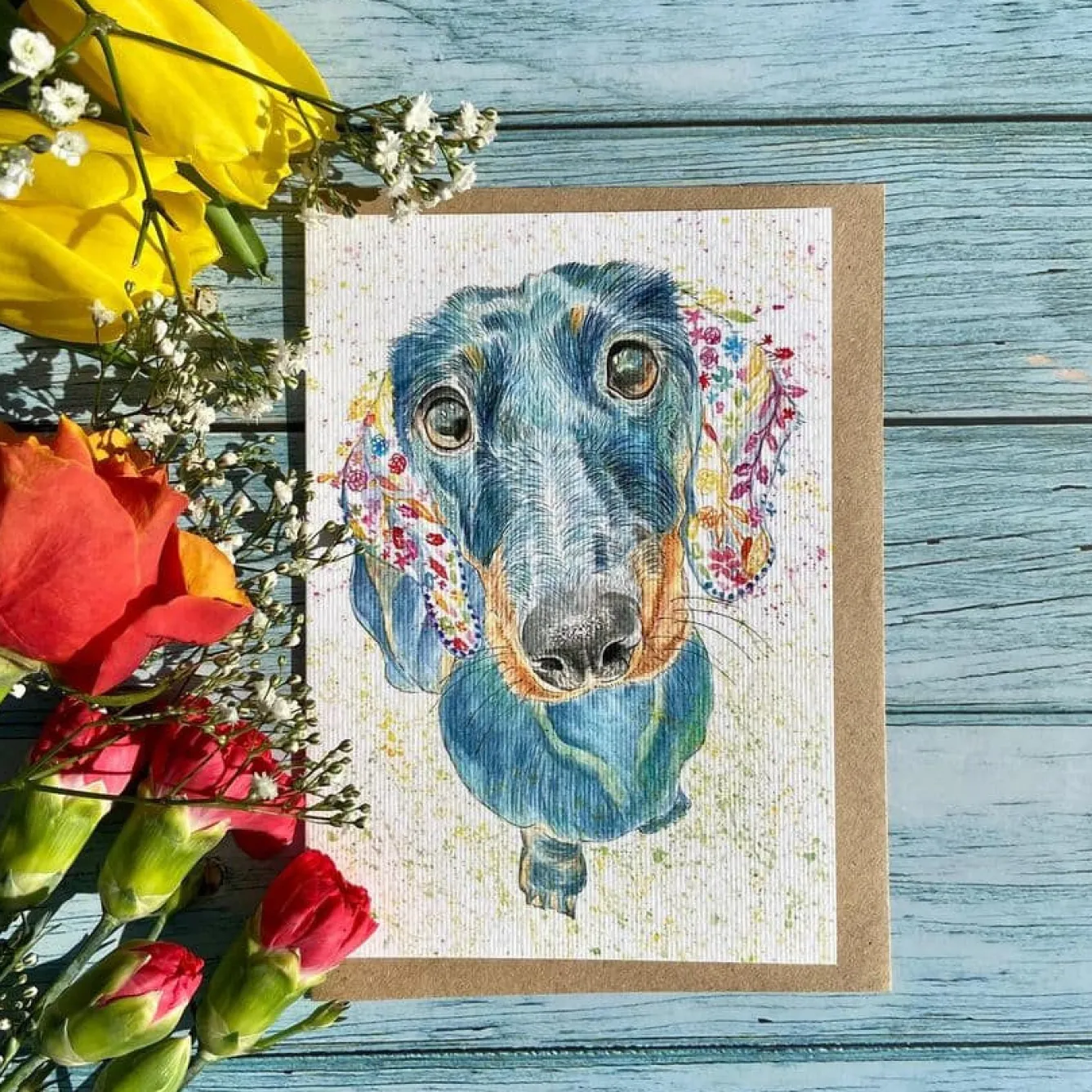 Jen Winnett Greeting Cards-Moose the Dachshund Blank Greetings Eco Card