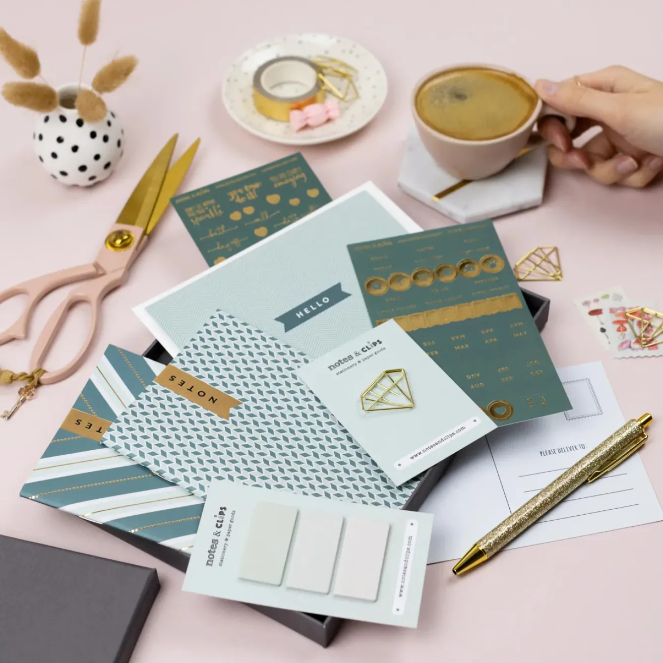 Notes & Clips Stationery-Notes & Clips Green & Gold Stationery Box