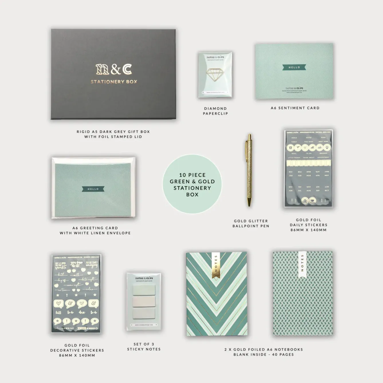 Notes & Clips Stationery-Notes & Clips Green & Gold Stationery Box