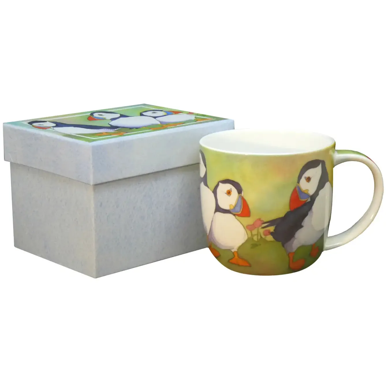Emma Ball Seaside|Animals-Puffins Bone China Mug- Green (Boxed)