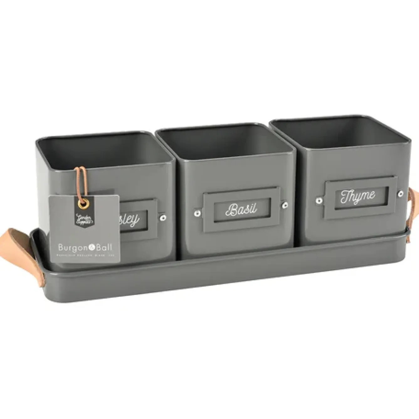 Burgon & Ball Gardening|Gardening-Set of 3 Herb Pots in a Leather Handled Tray - Grey