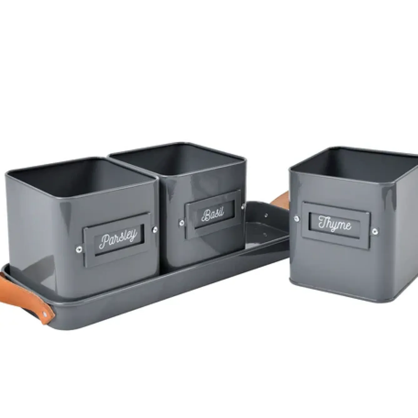 Burgon & Ball Gardening|Gardening-Set of 3 Herb Pots in a Leather Handled Tray - Grey