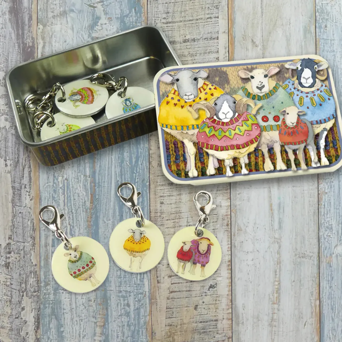 Emma Ball Crafts-Sheep in Sweaters Set of 6 Stitch Crochet Markers in a Pocket Tin