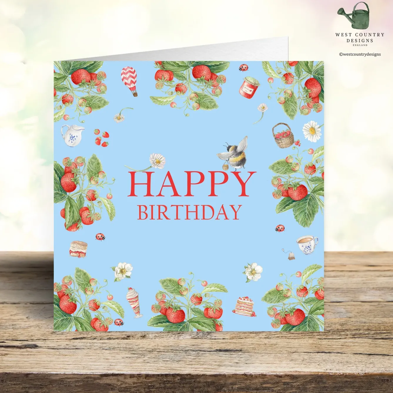 West Country Designs Greeting Cards-Strawberry Bee Birthday Card