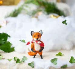 Sew Heart Felt Seasonal Decor|Children-Tod Fox Holding Wearing a Stripy Scarf Felt Decoration