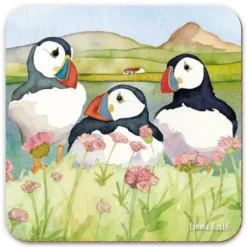 Emma Ball Coasters-Trio Sea Thrift Puffins 2 Coaster