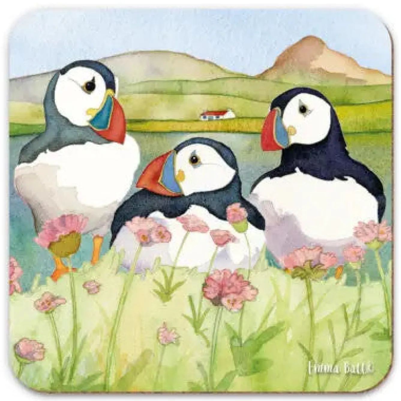 Emma Ball Coasters-Trio Sea Thrift Puffins 2 Coaster