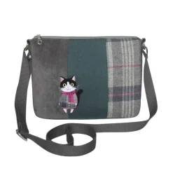Earth Squared Bags Bags-Tweed Applique Cat with Scarf Messenger Bag