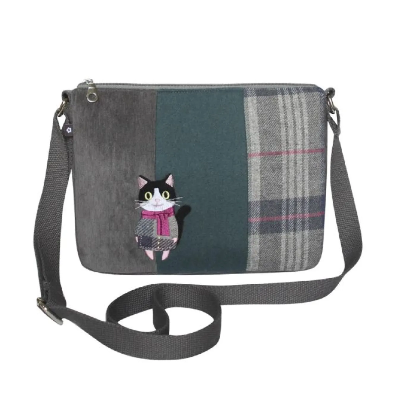 Earth Squared Bags Bags-Tweed Applique Cat with Scarf Messenger Bag