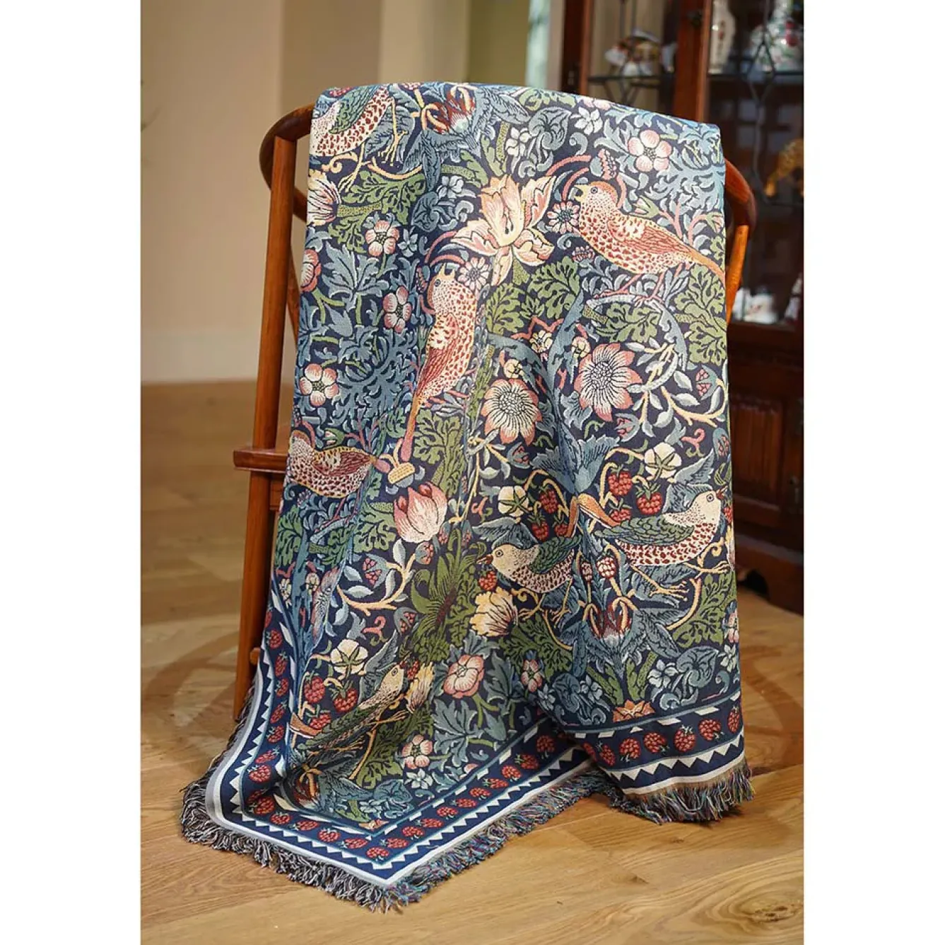Signare Pillows & Throws-William Morris Strawberry Thief Blue Tapestry Throw