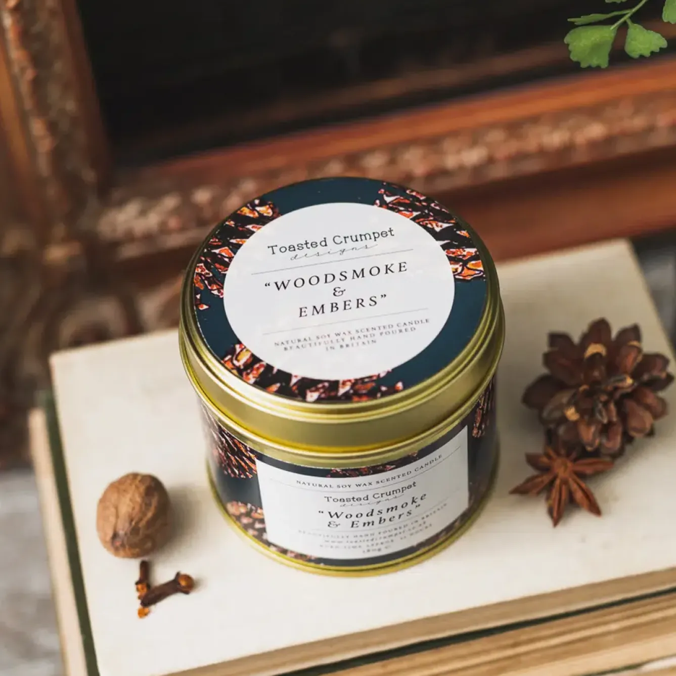 Toasted Crumpet Christmas-Woodsmoke & embers Candle in a Matte Gold Tin