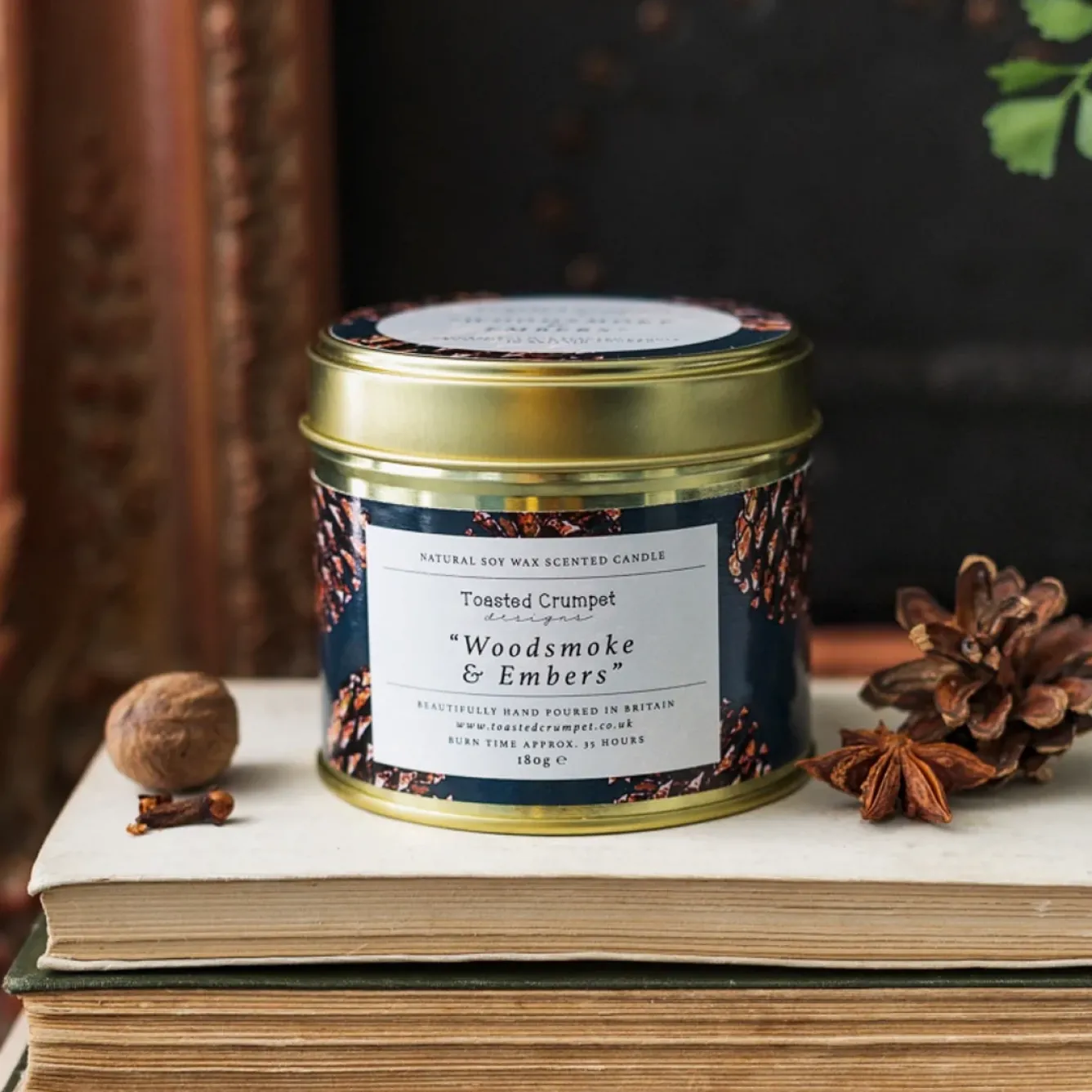 Toasted Crumpet Christmas-Woodsmoke & embers Candle in a Matte Gold Tin