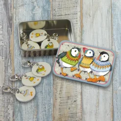 Emma Ball Crafts-Woolly Puffins Set of 6 Stitch Crochet Markers in a Pocket Tin