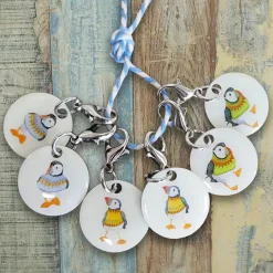 Emma Ball Crafts-Woolly Puffins Set of 6 Stitch Crochet Markers in a Pocket Tin