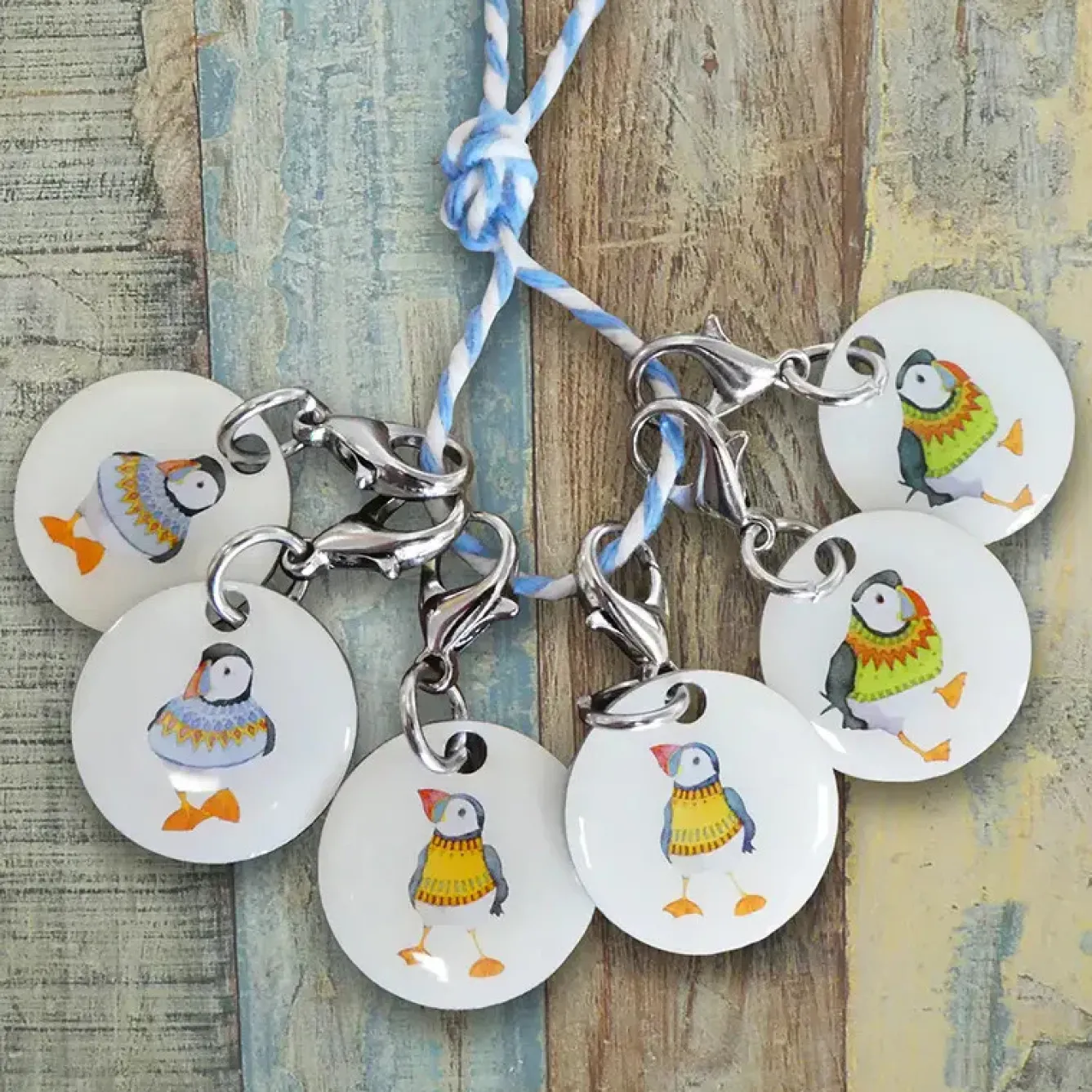 Emma Ball Crafts-Woolly Puffins Set of 6 Stitch Crochet Markers in a Pocket Tin