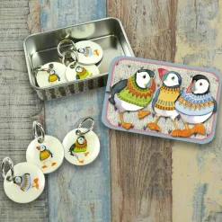 Emma Ball Crafts-Woolly Puffins Tin and  Set of 6 Stitch Markers