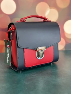 Zatchels Bags-Handmade Leather Sugarcube Plus Handbag - Navy with Red Contrast